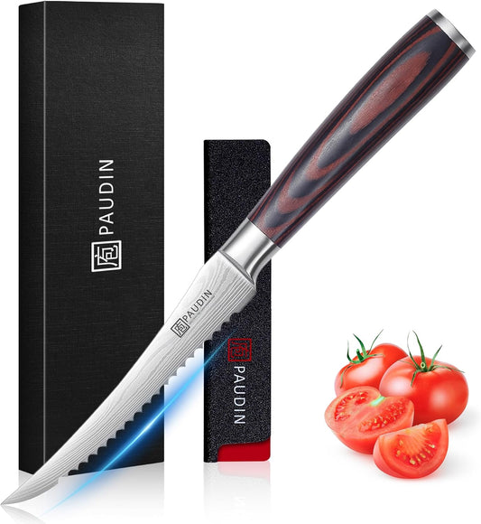 Tomato Knife, 5 inch Serrated Tomato Knife with Sheath | High Carbon Stainless Steel Tomato Slicer Knife for Smooth Cutting Slicing Vegetables and Fruits