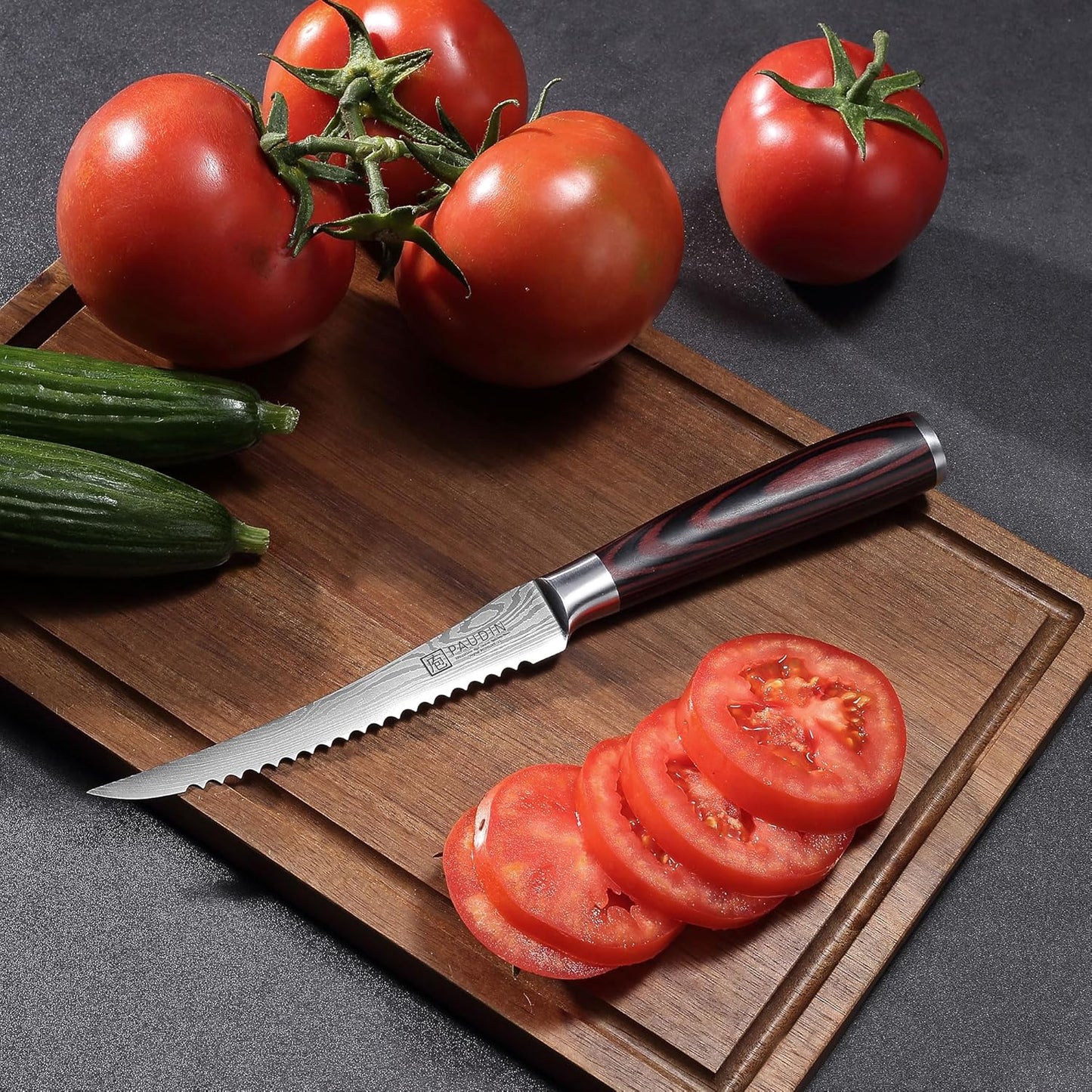Tomato Knife, 5 inch Serrated Tomato Knife with Sheath | High Carbon Stainless Steel Tomato Slicer Knife for Smooth Cutting Slicing Vegetables and Fruits