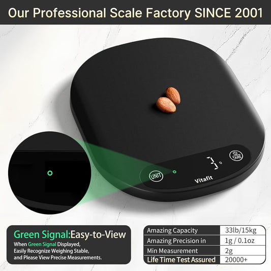 33lb/15kg Digital Food Scale in High Precision 0.1oz/1g, Our Own Kitchen Scale Professional Factory Since 2001, Home and Kitchen Essentials for Cooking and Baking, LED, 3*AAA Batteries, Black