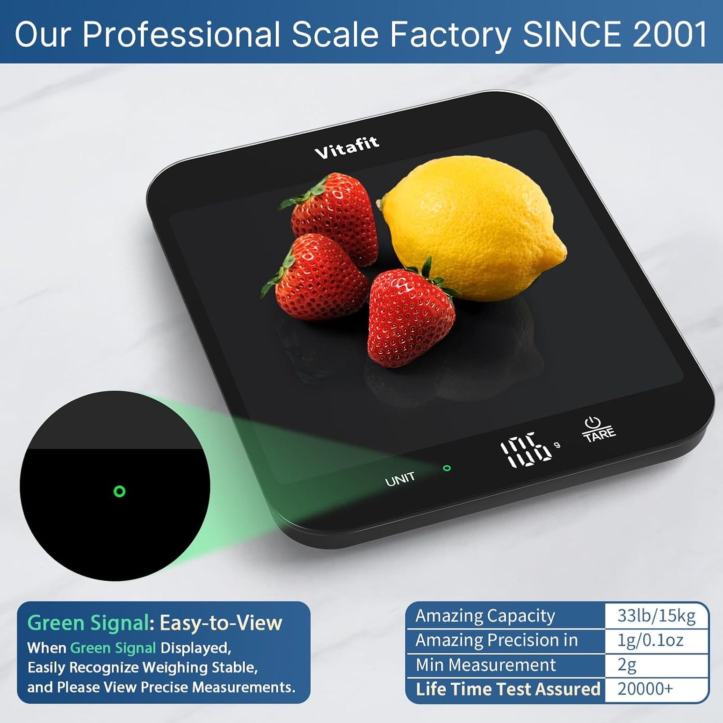 33lb/15kg Digital Food Scale in High Precision 0.1oz/1g, Our Own Kitchen Scale Professional Factory Since 2001, Home and Kitchen Essentials for Cooking and Baking, LED, 3*AAA Batteries, Black