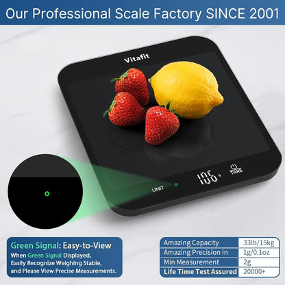 33lb/15kg Digital Food Scale in High Precision 0.1oz/1g, Our Own Kitchen Scale Professional Factory Since 2001, Home and Kitchen Essentials for Cooking and Baking, LED, 3*AAA Batteries, Black