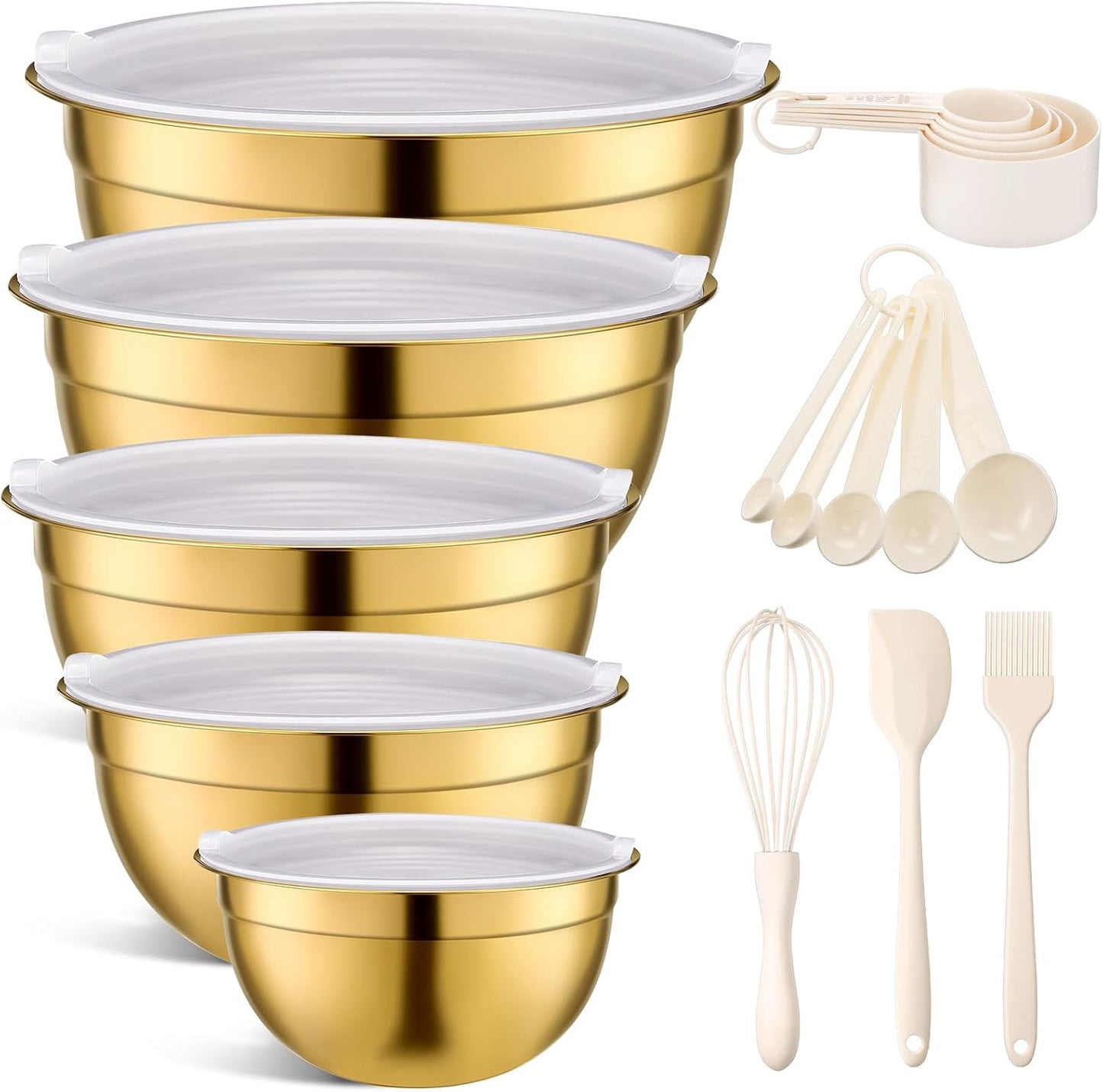 Gold Mixing Bowls with Airtight Lids 24 Pcs Stainless Steel Mixing Bowls Set Size 1, 1.5, 2, 3.6, 7QT, Measuring Cups Spoons Baking Utensils Bowl for Kitchen Baking Serving Food