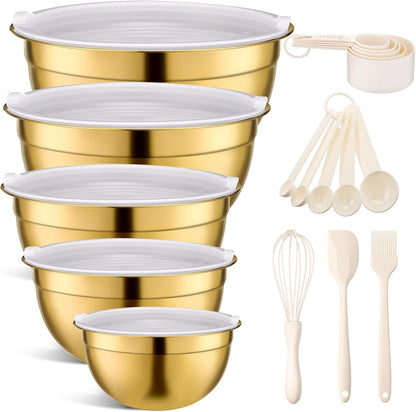 Gold Mixing Bowls with Airtight Lids 24 Pcs Stainless Steel Mixing Bowls Set Size 1, 1.5, 2, 3.6, 7QT, Measuring Cups Spoons Baking Utensils Bowl for Kitchen Baking Serving Food