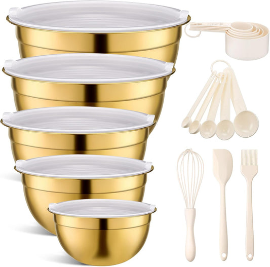 Gold Mixing Bowls with Airtight Lids 24 Pcs Stainless Steel Mixing Bowls Set Size 1, 1.5, 2, 3.6, 7QT, Measuring Cups Spoons Baking Utensils Bowl for Kitchen Baking Serving Food
