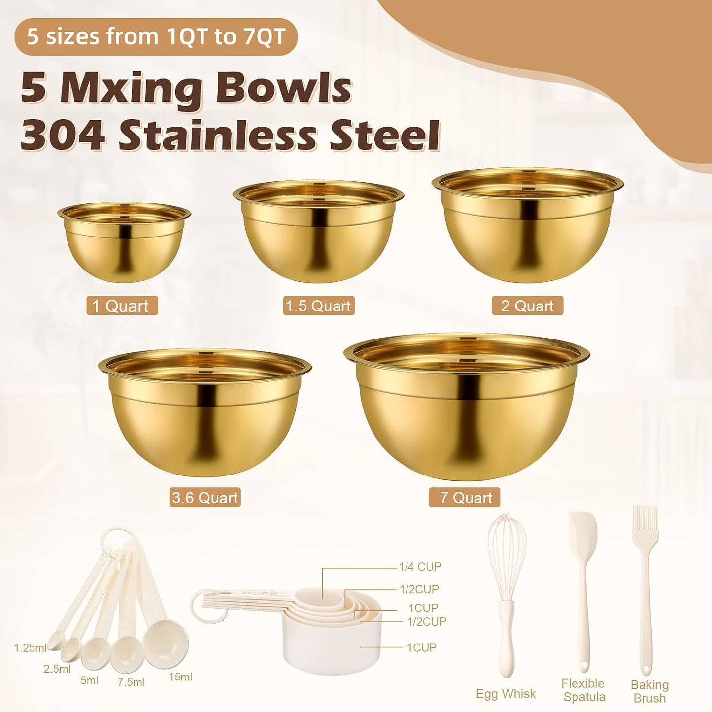Gold Mixing Bowls with Airtight Lids 24 Pcs Stainless Steel Mixing Bowls Set Size 1, 1.5, 2, 3.6, 7QT, Measuring Cups Spoons Baking Utensils Bowl for Kitchen Baking Serving Food