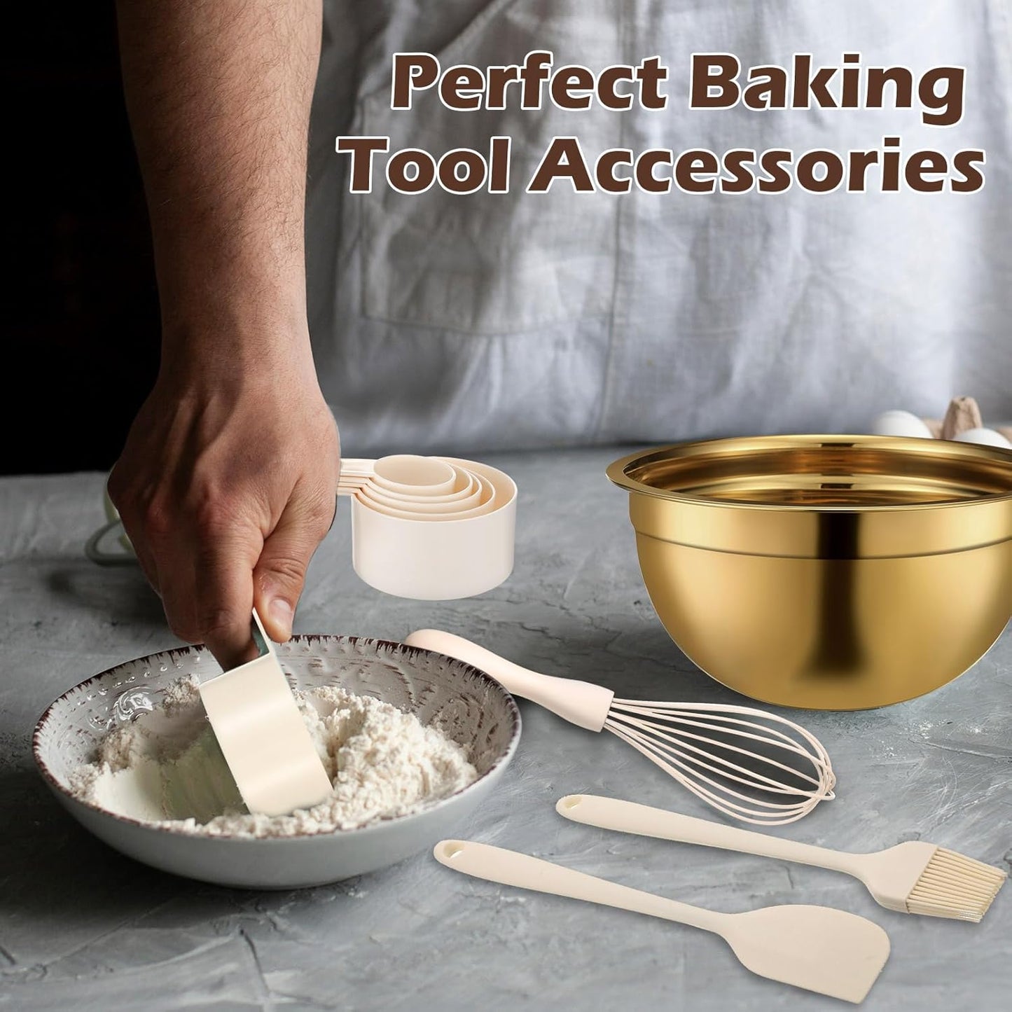 Gold Mixing Bowls with Airtight Lids 24 Pcs Stainless Steel Mixing Bowls Set Size 1, 1.5, 2, 3.6, 7QT, Measuring Cups Spoons Baking Utensils Bowl for Kitchen Baking Serving Food