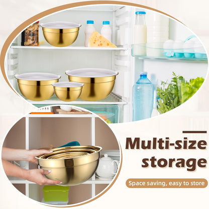 Gold Mixing Bowls with Airtight Lids 24 Pcs Stainless Steel Mixing Bowls Set Size 1, 1.5, 2, 3.6, 7QT, Measuring Cups Spoons Baking Utensils Bowl for Kitchen Baking Serving Food