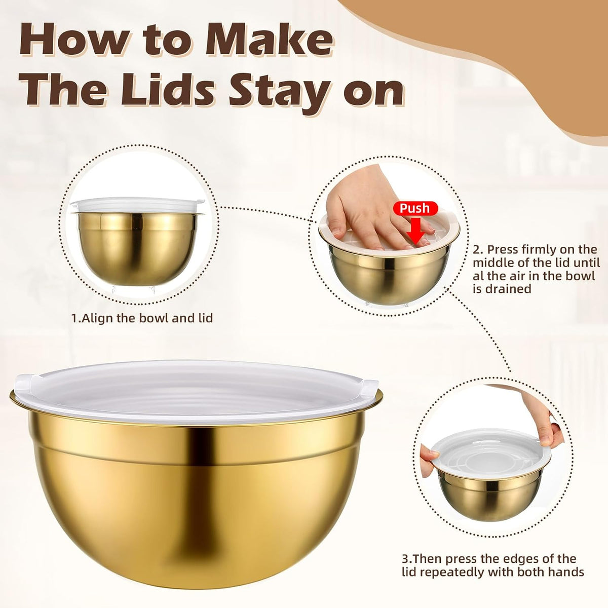 Gold Mixing Bowls with Airtight Lids 24 Pcs Stainless Steel Mixing Bowls Set Size 1, 1.5, 2, 3.6, 7QT, Measuring Cups Spoons Baking Utensils Bowl for Kitchen Baking Serving Food