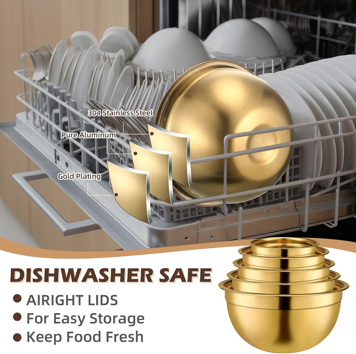 Gold Mixing Bowls with Airtight Lids 24 Pcs Stainless Steel Mixing Bowls Set Size 1, 1.5, 2, 3.6, 7QT, Measuring Cups Spoons Baking Utensils Bowl for Kitchen Baking Serving Food