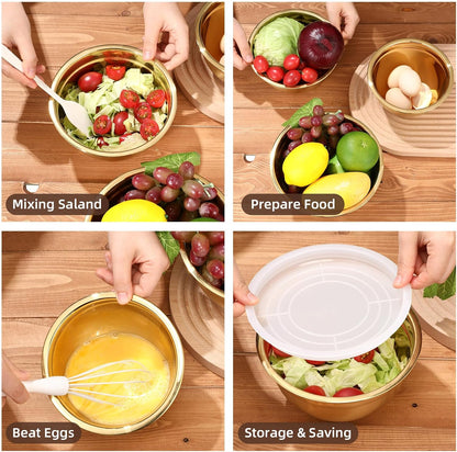 Gold Mixing Bowls with Airtight Lids 24 Pcs Stainless Steel Mixing Bowls Set Size 1, 1.5, 2, 3.6, 7QT, Measuring Cups Spoons Baking Utensils Bowl for Kitchen Baking Serving Food