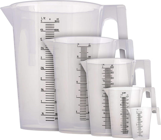 5 Piece Set of Plastic Graduated Measuring and Mixing Pitchers - 500, 1000 Quart, 2000, 3000, 5000 ml Gallon Sizes - Pouring Cups, Measure & Mix Paint, Resin, Epoxy, Kitchen Cooking Baking