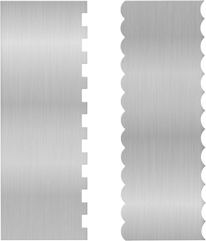 2 Pieces 8.7 Inche Stainless Steel Cake Scraper Double Sided Patterned Edge Stripe Edge Smoother Frosting Scraper Cake Decorating Cake Decorating Comb Cake Scraper For Butter Cream Mousse(2, 2)