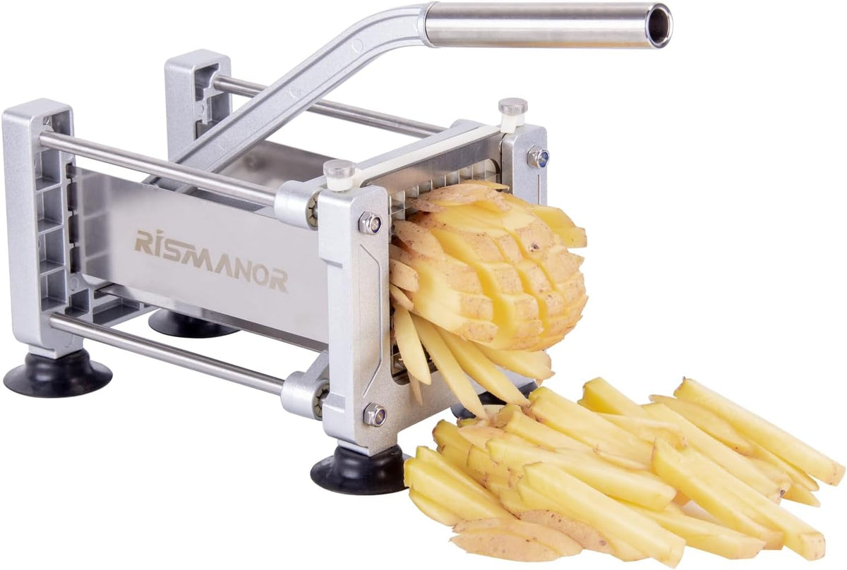 Rismonar French Fry Cutter Stainless Steel Potato Slicer With 1/2 inch Blade for Carrots Cucumbers Vegetables (Silver, Machine + 1/2)