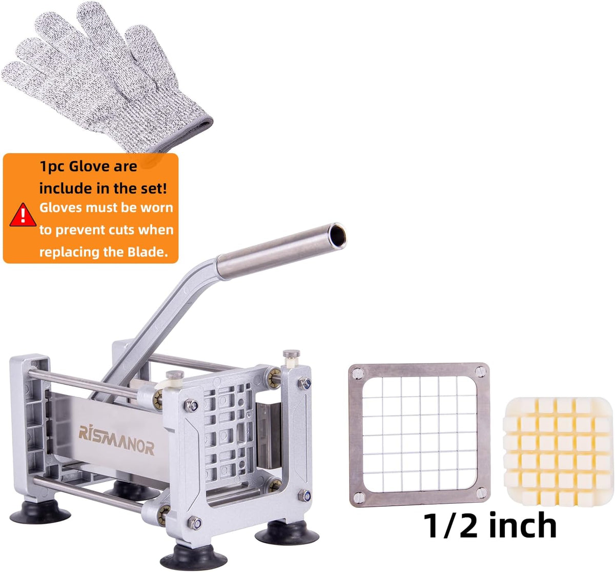 Rismonar French Fry Cutter Stainless Steel Potato Slicer With 1/2 inch Blade for Carrots Cucumbers Vegetables (Silver, Machine + 1/2)