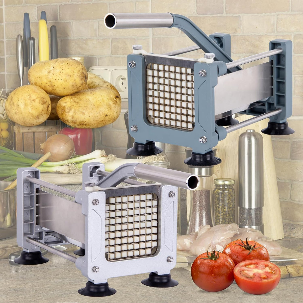 Rismonar French Fry Cutter Stainless Steel Potato Slicer With 1/2 inch Blade for Carrots Cucumbers Vegetables (Silver, Machine + 1/2)