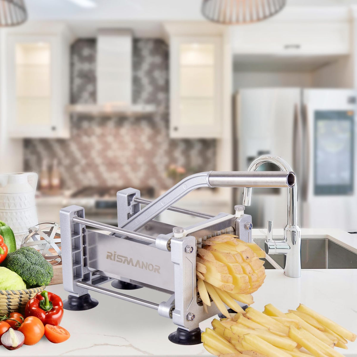 Rismonar French Fry Cutter Stainless Steel Potato Slicer With 1/2 inch Blade for Carrots Cucumbers Vegetables (Silver, Machine + 1/2)