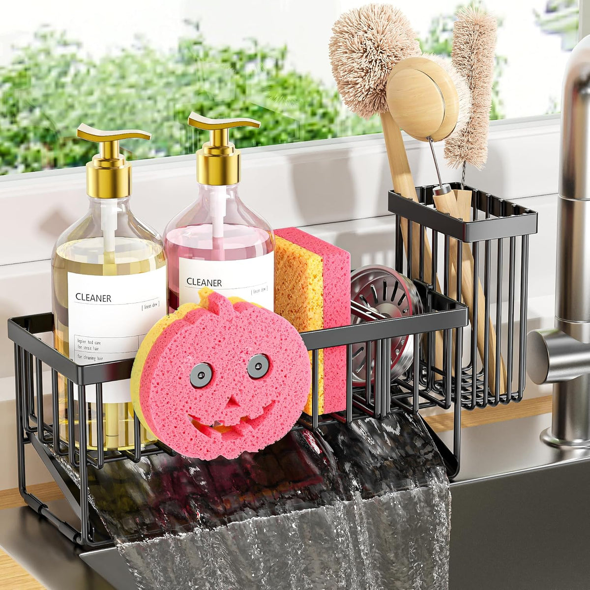 Cisily Sponge Holder for Kitchen Sink, Smiley Face Sink Caddy with Removable Brush Holder,Self-Draining Sponge Caddy for Sponge,Soap,Dish Brush,Scrubber,Kitchen Essentials and Gadgets
