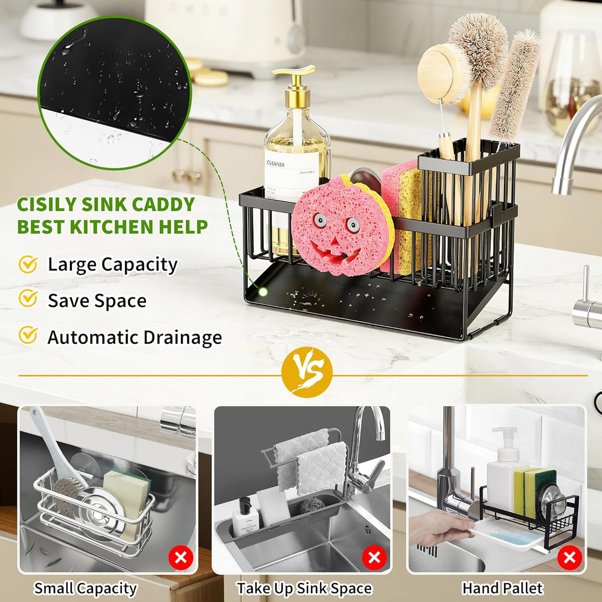 Cisily Sponge Holder for Kitchen Sink, Smiley Face Sink Caddy with Removable Brush Holder,Self-Draining Sponge Caddy for Sponge,Soap,Dish Brush,Scrubber,Kitchen Essentials and Gadgets