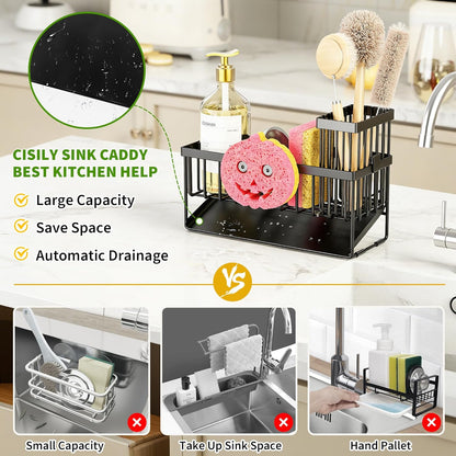 Cisily Sponge Holder for Kitchen Sink, Smiley Face Sink Caddy with Removable Brush Holder,Self-Draining Sponge Caddy for Sponge,Soap,Dish Brush,Scrubber,Kitchen Essentials and Gadgets