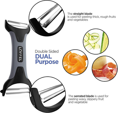 Peeler for Potato Vegetable Orange - Heavy Duty Double Sided Dual Purpose Non Slip Grip Apple Fruit Y Shaped with Ultra Sharp Stainless Steel Straight and Serrated Blades, Dishwasher Safe