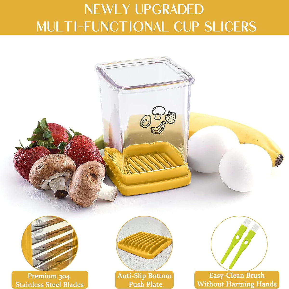 Stainless Steel Strawberry & Banana Slicer, Egg Slicer, Speed Fruit Cutter with Push Plate, Quickly Making Salad, Must Have Yellow Kitchen Gadget