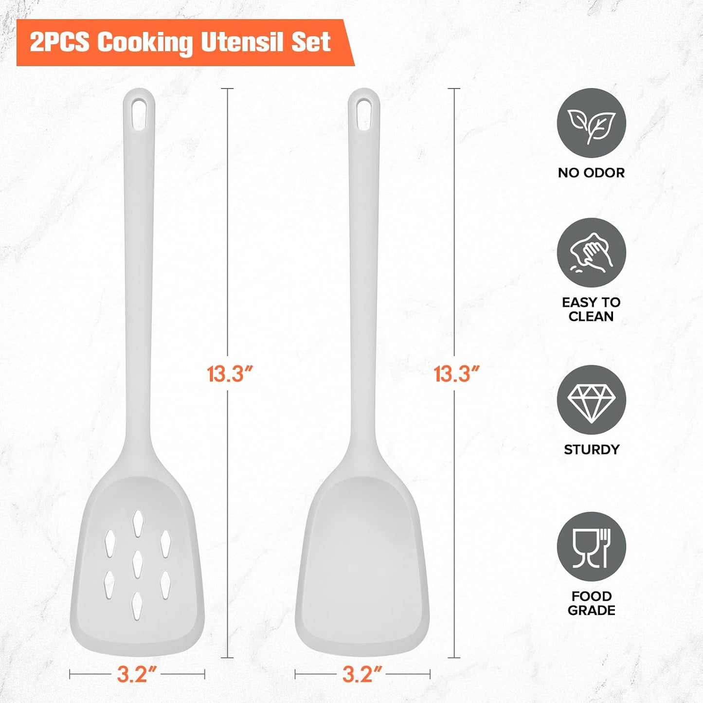 Silicone Cooking Spatula&Slotted Spatulas, Pack of 2,Solid Turner Kitchen Utensils Set for Cooking,Frying, Baking, Flipping, Turning,Heat Resistant 450℉ (White)