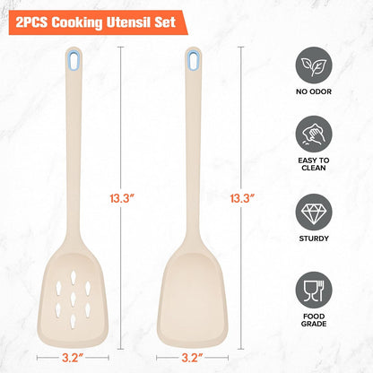 Silicone Cooking Spatula&Slotted Spatulas, Pack of 2,Solid Turner Kitchen Utensils Set for Cooking,Frying, Baking, Flipping, Turning,Heat Resistant 450℉ (White)