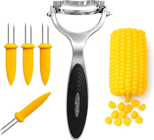 Corn Peeler Tool Set, Stainless Steel Corn Kernel Remover with Serrated Blade, Ergonomic Non-Slip Handle, Includes Corn Holders for Easy Corn Cutting