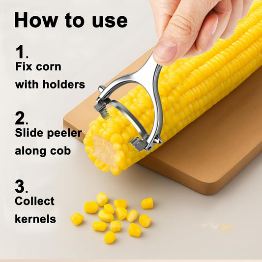 Corn Peeler Tool Set, Stainless Steel Corn Kernel Remover with Serrated Blade, Ergonomic Non-Slip Handle, Includes Corn Holders for Easy Corn Cutting