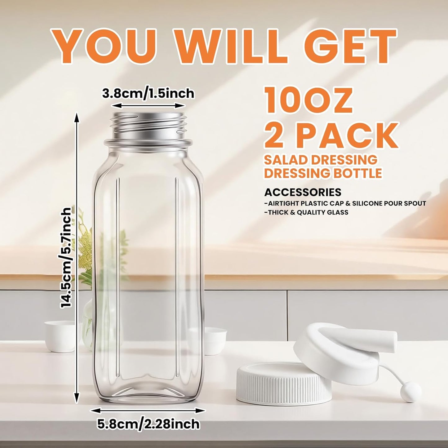 2 Pcs 10 oz Salad Dressing Shaker Glass Dispenser | Silicone Pour Spout and Tamper-proof Lid Refillable Salad Dressing Dispenser Mixer Shaker for Sauces Dressings Marinades Oils