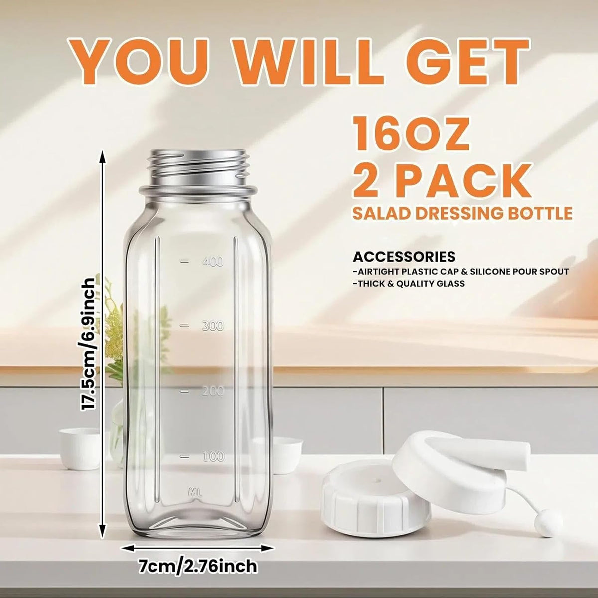 2 Pcs 10 oz Salad Dressing Shaker Glass Dispenser | Silicone Pour Spout and Tamper-proof Lid Refillable Salad Dressing Dispenser Mixer Shaker for Sauces Dressings Marinades Oils