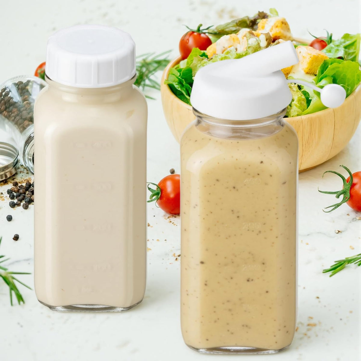2 Pcs 10 oz Salad Dressing Shaker Glass Dispenser | Silicone Pour Spout and Tamper-proof Lid Refillable Salad Dressing Dispenser Mixer Shaker for Sauces Dressings Marinades Oils