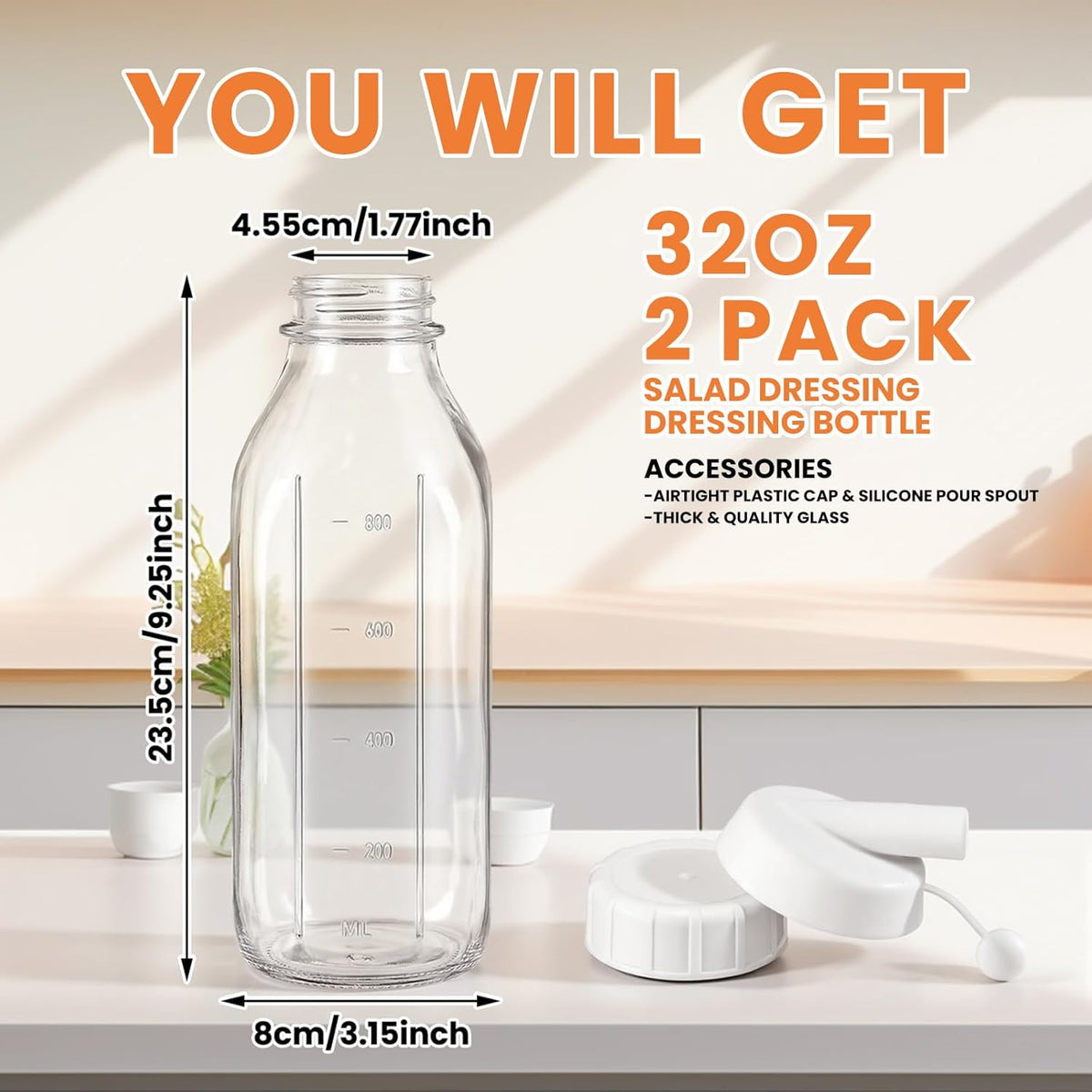 2 Pcs 10 oz Salad Dressing Shaker Glass Dispenser | Silicone Pour Spout and Tamper-proof Lid Refillable Salad Dressing Dispenser Mixer Shaker for Sauces Dressings Marinades Oils