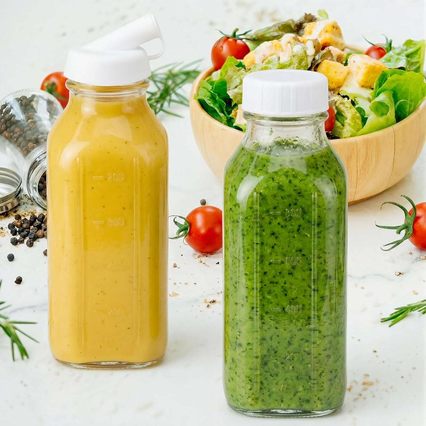 2 Pcs 10 oz Salad Dressing Shaker Glass Dispenser | Silicone Pour Spout and Tamper-proof Lid Refillable Salad Dressing Dispenser Mixer Shaker for Sauces Dressings Marinades Oils