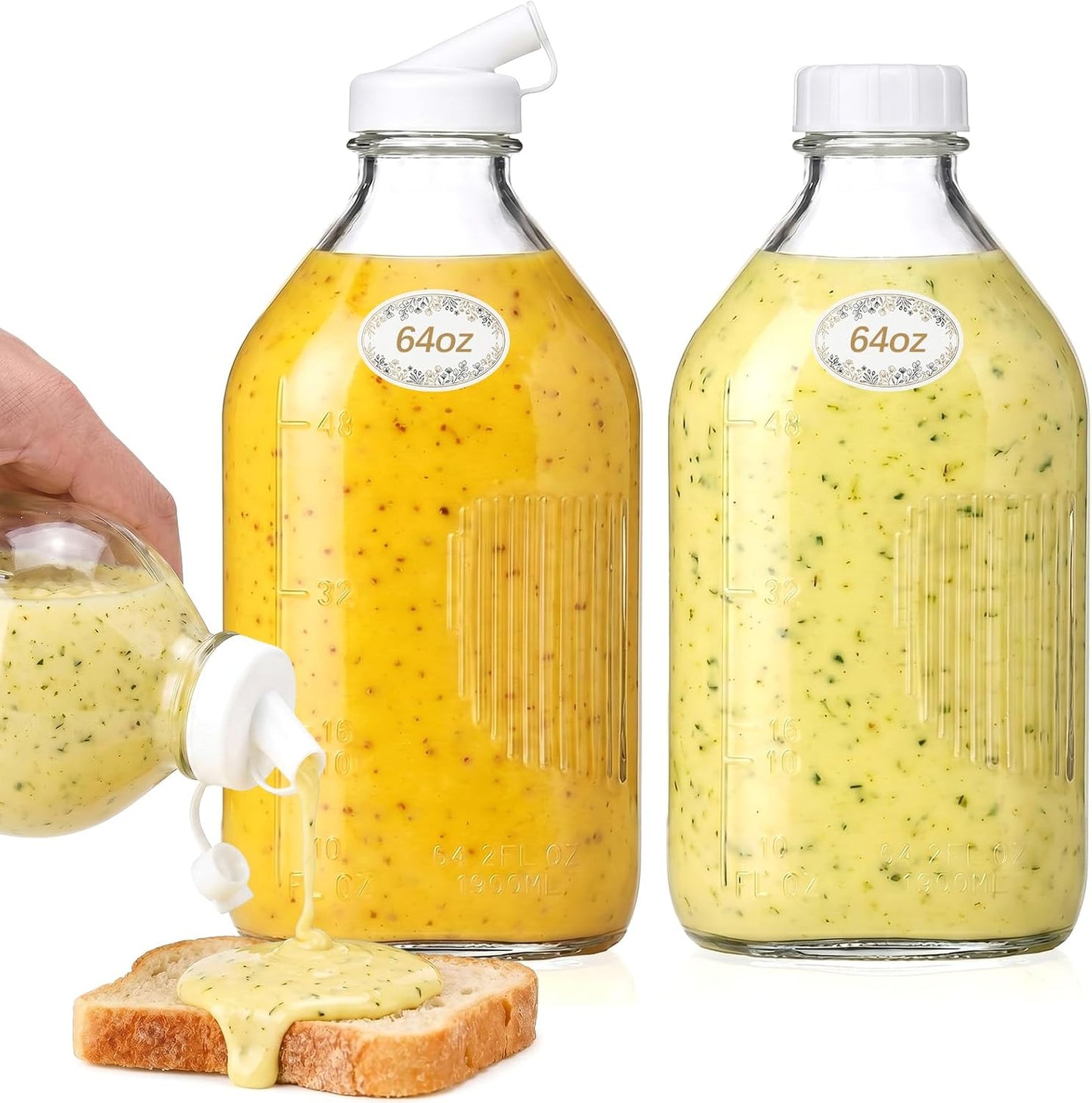 2 Pcs 10 oz Salad Dressing Shaker Glass Dispenser | Silicone Pour Spout and Tamper-proof Lid Refillable Salad Dressing Dispenser Mixer Shaker for Sauces Dressings Marinades Oils