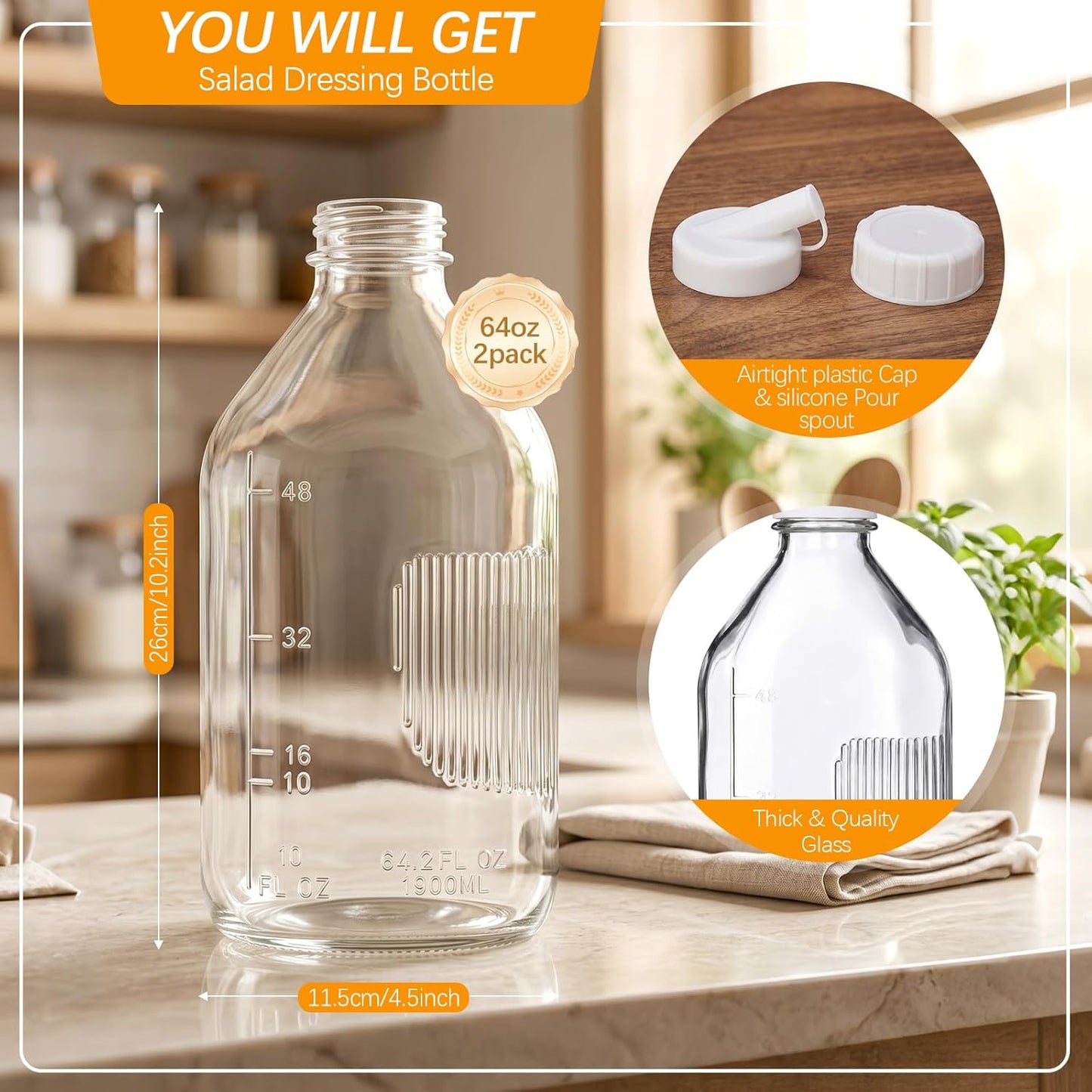 2 Pcs 10 oz Salad Dressing Shaker Glass Dispenser | Silicone Pour Spout and Tamper-proof Lid Refillable Salad Dressing Dispenser Mixer Shaker for Sauces Dressings Marinades Oils