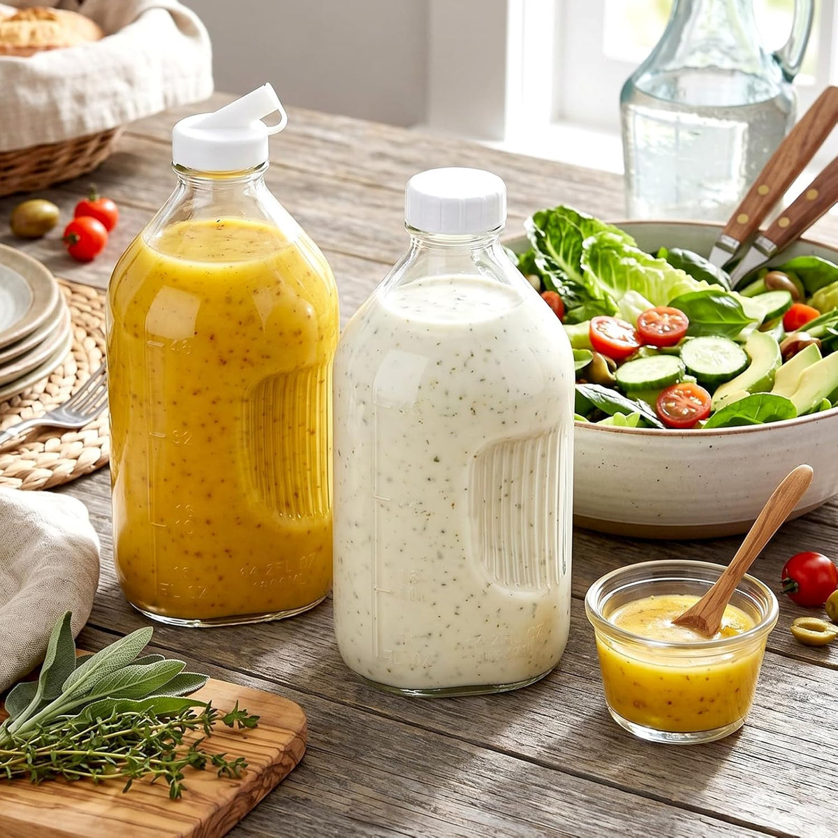 2 Pcs 10 oz Salad Dressing Shaker Glass Dispenser | Silicone Pour Spout and Tamper-proof Lid Refillable Salad Dressing Dispenser Mixer Shaker for Sauces Dressings Marinades Oils