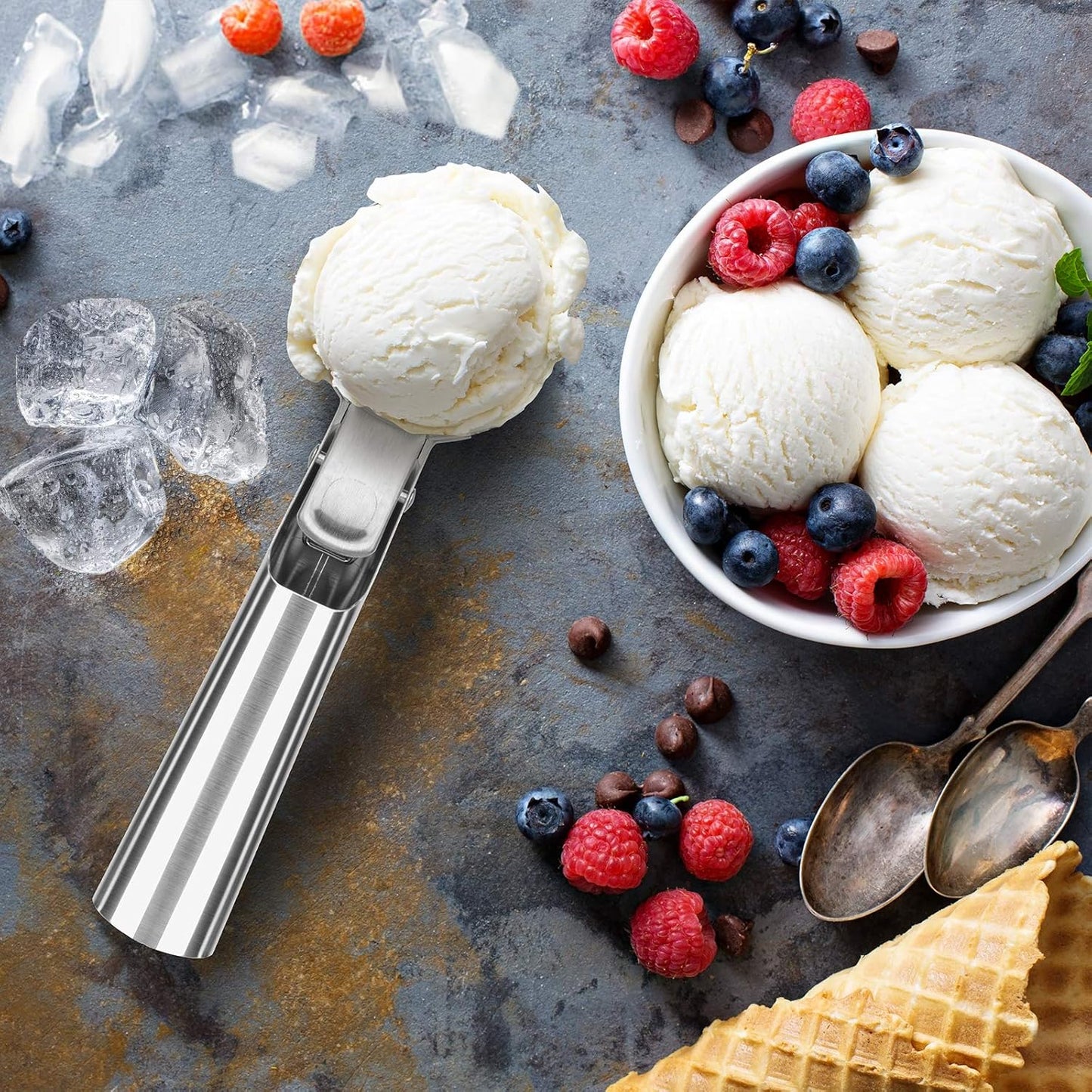 Premium Ice Cream Scoop with Trigger Ice Cream Scooper Stainless Steel, Heavy Duty Metal Icecream Scoop Spoon Dishwasher Safe, Perfect for Frozen Yogurt, Gelatos, Sundaes, Medium Silver