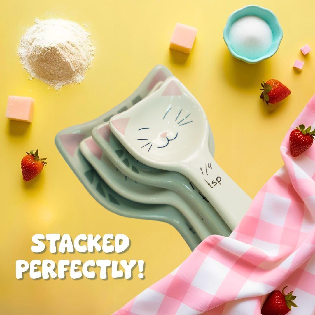 Cat Measuring Spoons Set of 4, Ceramic Baking Kitchen Gifts for Women