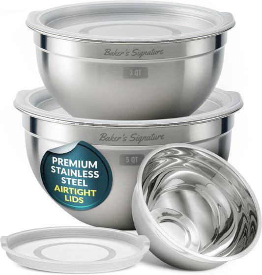 Stainless Steel Mixing Bowls with Lids Set of 3, Nesting Metal, 1.5/3/5 Qt | Mirror-finish interior, dishwasher safe & BPA-free; stack for food prep, baking, storage & serving