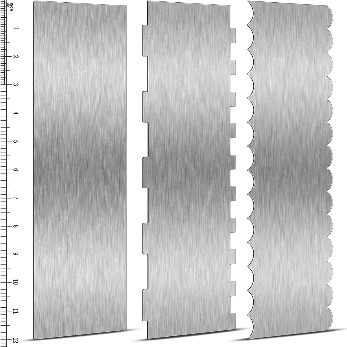 3 Pcs 12 Inch Cake Scraper Smoother Stainless Steel Cake Scraper Metal Large Double Sided Patterned Edge Decorating Comb Icing Smoother for Mousse Butter Cream Dessert Decoration
