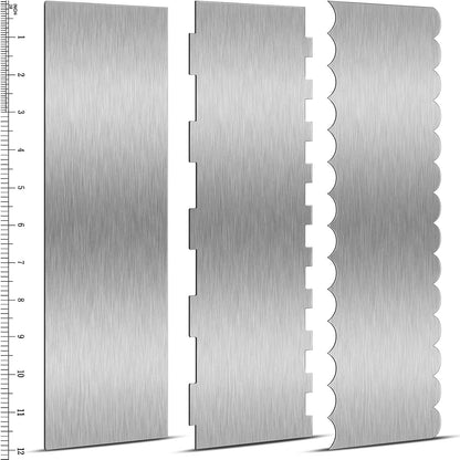 3 Pcs 12 Inch Cake Scraper Smoother Stainless Steel Cake Scraper Metal Large Double Sided Patterned Edge Decorating Comb Icing Smoother for Mousse Butter Cream Dessert Decoration