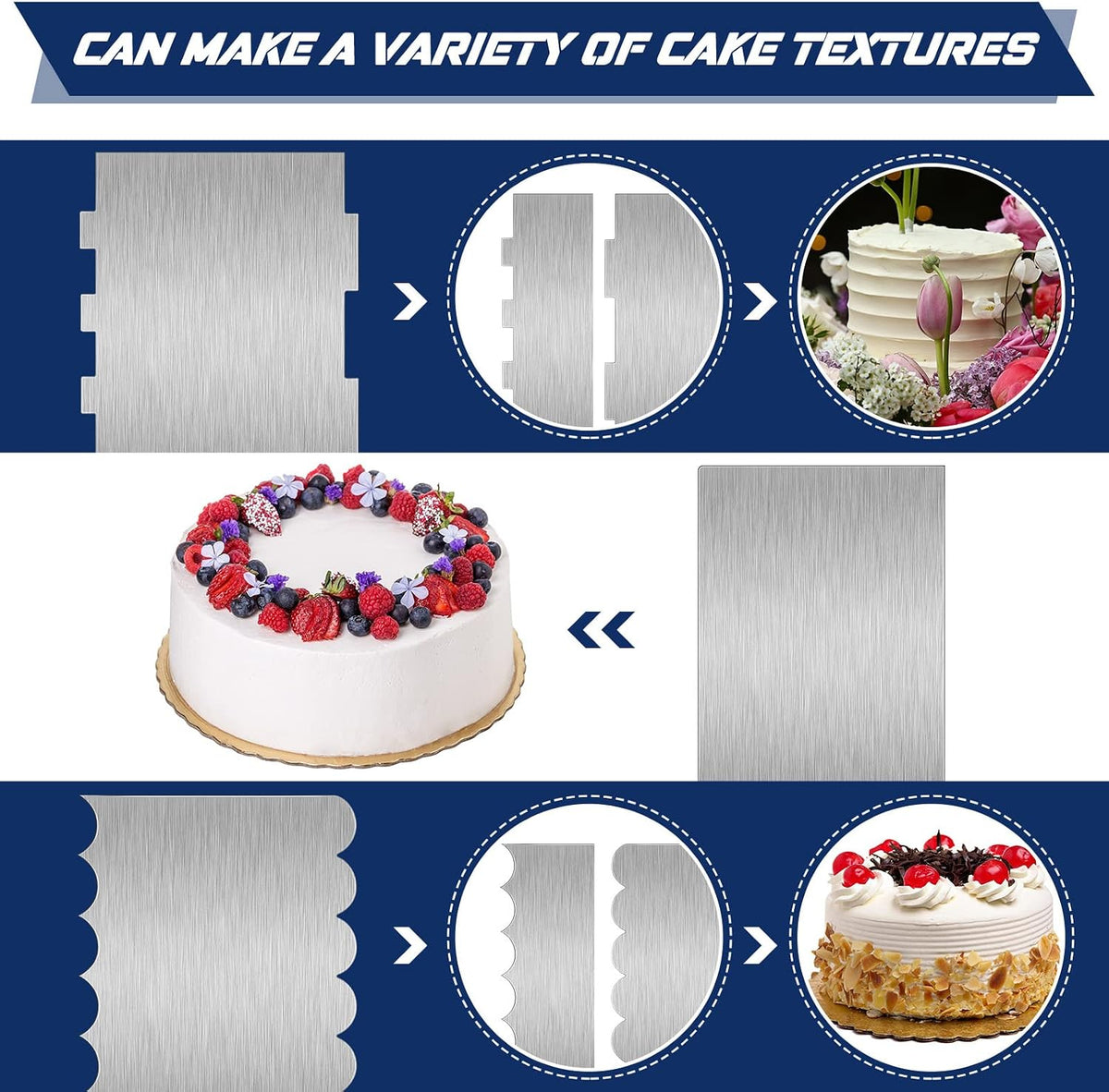 3 Pcs 12 Inch Cake Scraper Smoother Stainless Steel Cake Scraper Metal Large Double Sided Patterned Edge Decorating Comb Icing Smoother for Mousse Butter Cream Dessert Decoration