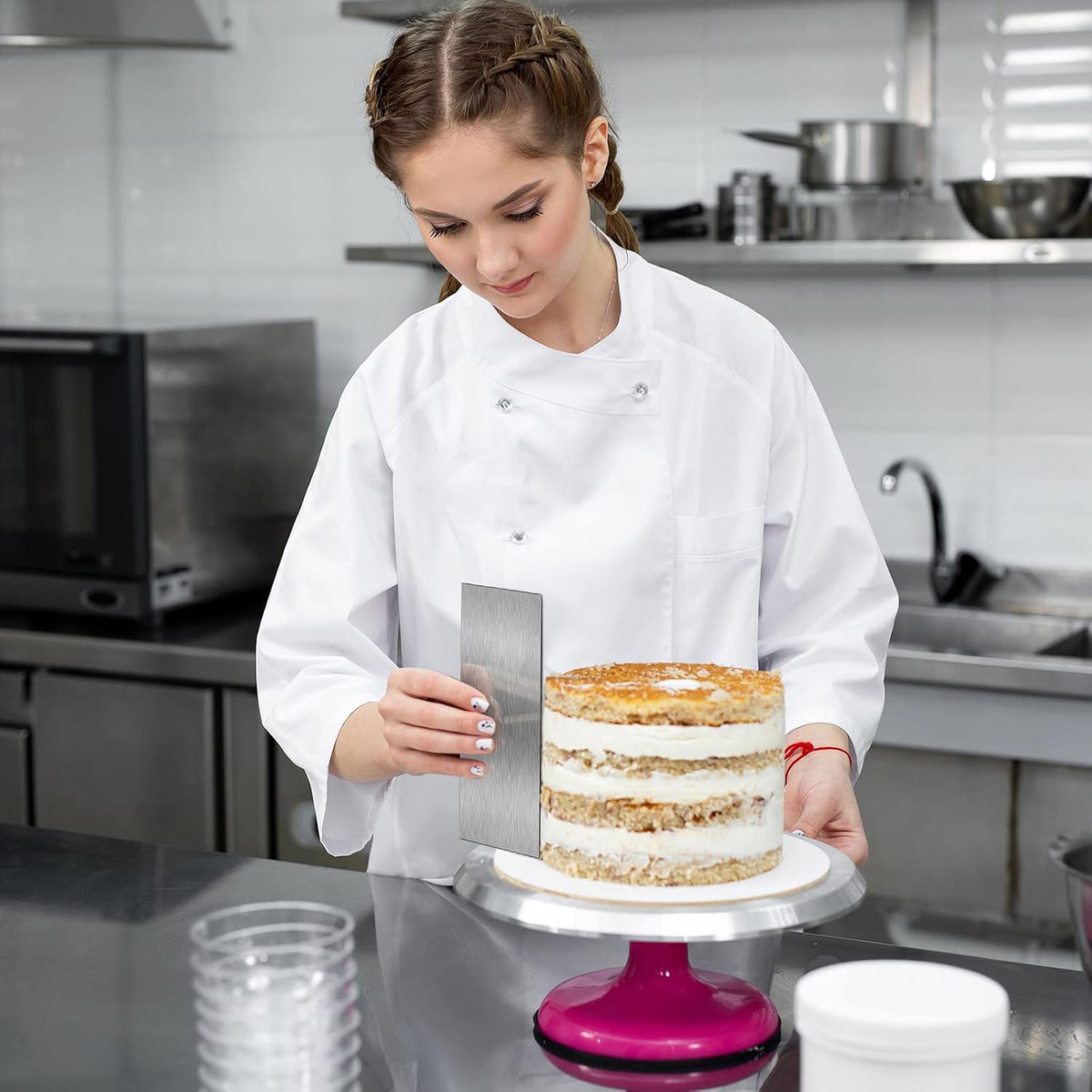 3 Pcs 12 Inch Cake Scraper Smoother Stainless Steel Cake Scraper Metal Large Double Sided Patterned Edge Decorating Comb Icing Smoother for Mousse Butter Cream Dessert Decoration