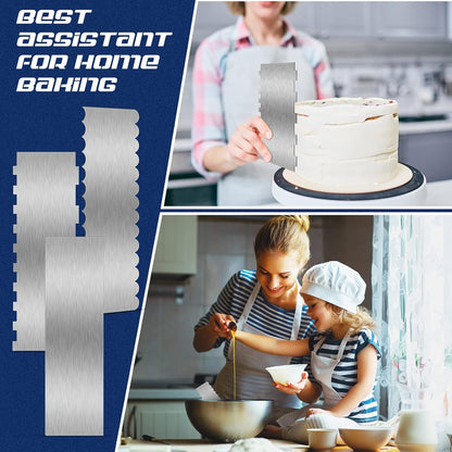 3 Pcs 12 Inch Cake Scraper Smoother Stainless Steel Cake Scraper Metal Large Double Sided Patterned Edge Decorating Comb Icing Smoother for Mousse Butter Cream Dessert Decoration
