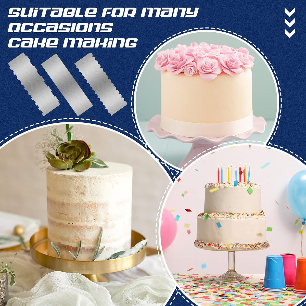 3 Pcs 12 Inch Cake Scraper Smoother Stainless Steel Cake Scraper Metal Large Double Sided Patterned Edge Decorating Comb Icing Smoother for Mousse Butter Cream Dessert Decoration