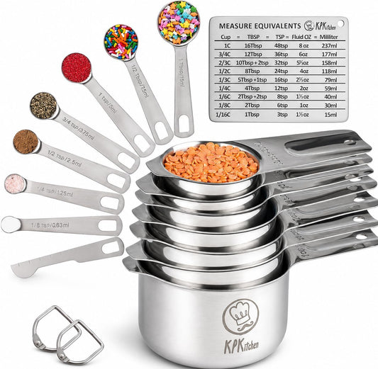 Stainless Steel Measuring Cups and Spoons Set of 16-7 Cup & 7 Spoon + Conversion Chart & Leveler - Kitchen Measuring Spoons and Cups - Dry Measure Cups Stainless Steel & Baking Metal Measuring Cups