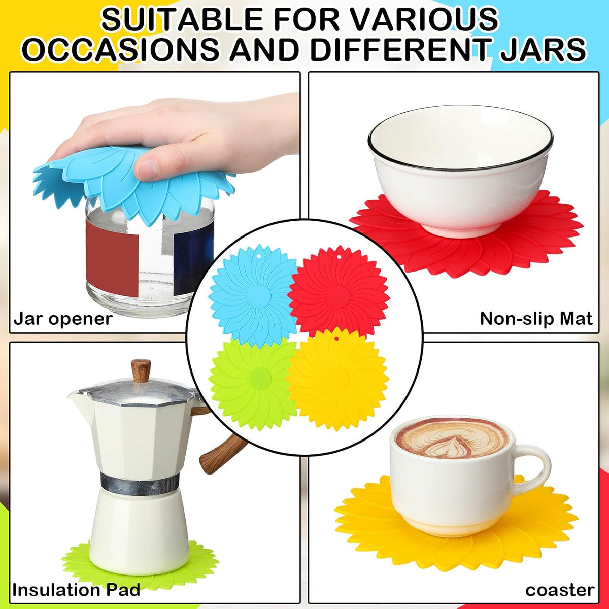 4 Pcs Large Rubber Jar Opener, 6.10 Inch Non Slip, Bright Colors