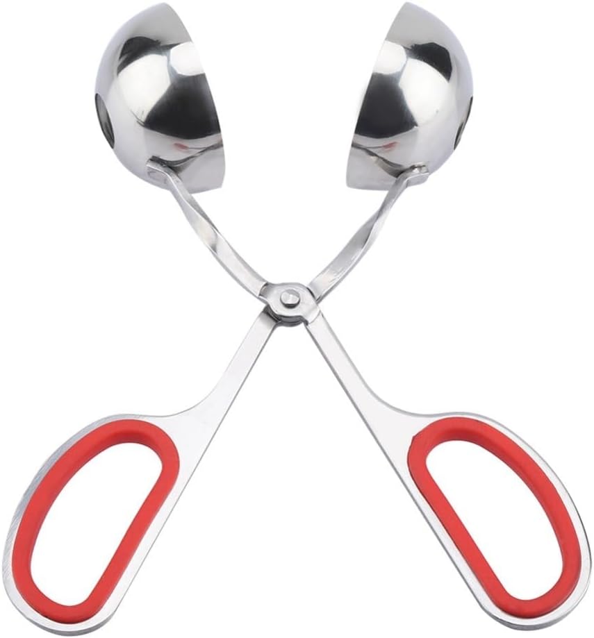 Steel Meatball Maker Tool - 7.5 Inch Food Scoop for Rice Balls, Cookie Dough and Melon Balling, Non-Stick Kitchen Utensil with Drain Holes(Red)