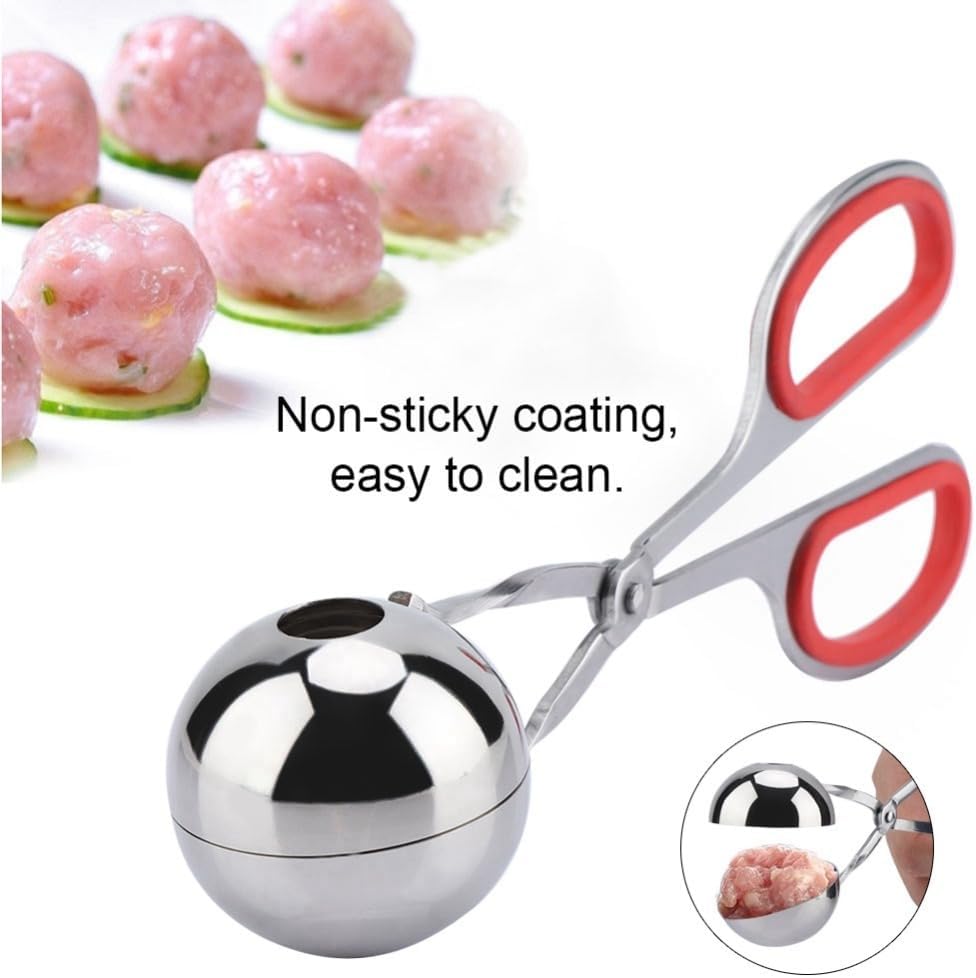 Steel Meatball Maker Tool - 7.5 Inch Food Scoop for Rice Balls, Cookie Dough and Melon Balling, Non-Stick Kitchen Utensil with Drain Holes(Red)